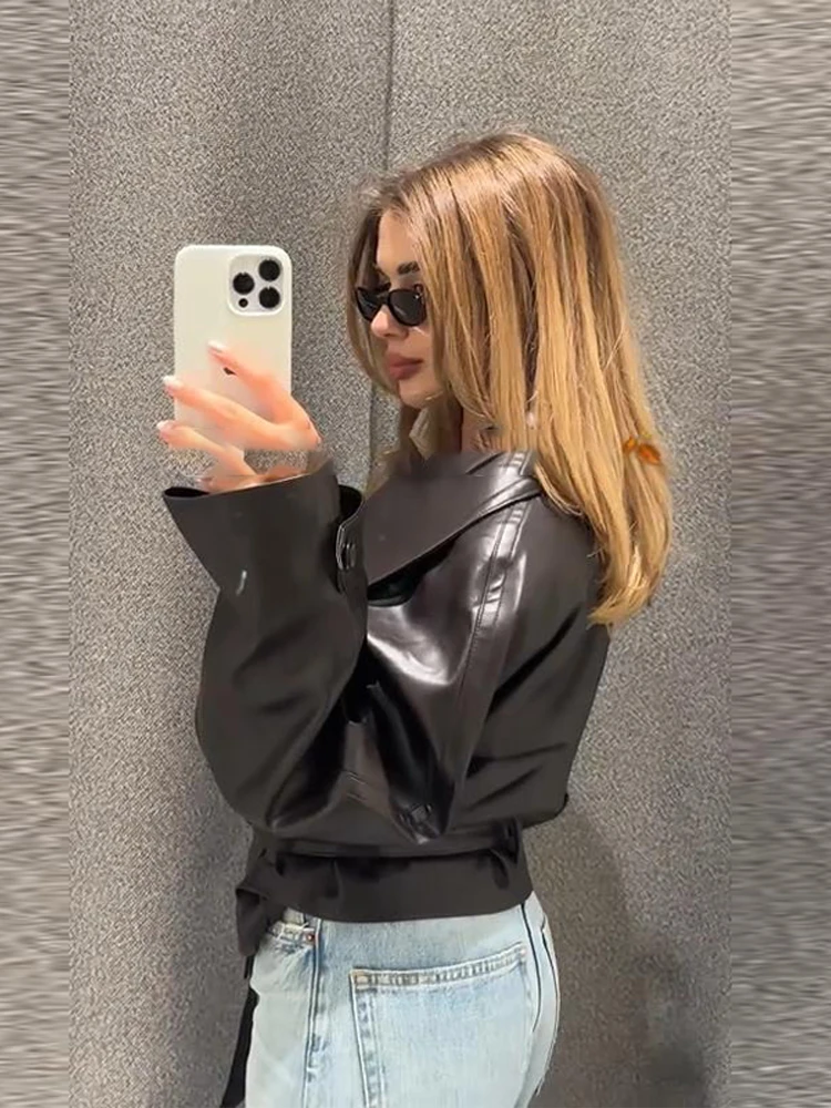 Giacca vintage in ecopelle da donna Colletto rovesciato solido Cappotti monopetto 2025 Cappotto casual chic da donna all'inizio dell'autunno 6