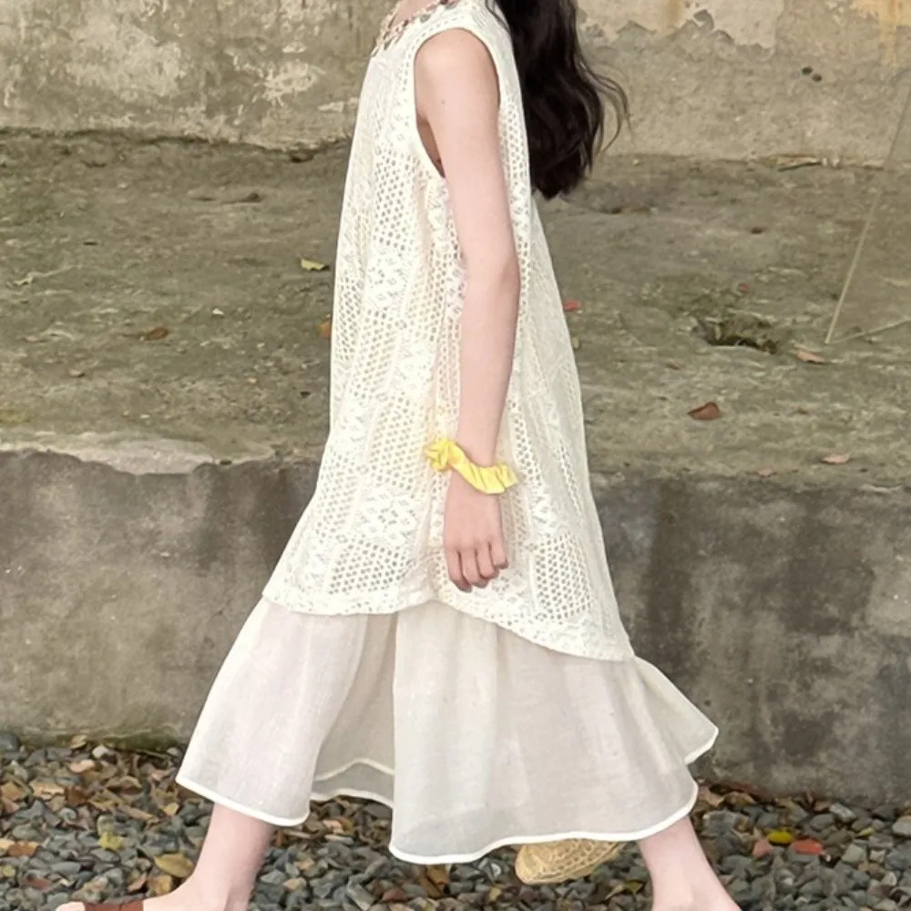 Round Neck Kids Bohemian Shell Dress Sleeveless Princess Children Beach Long Skirt Loose Casual Girls Patchwork Dress Vacation