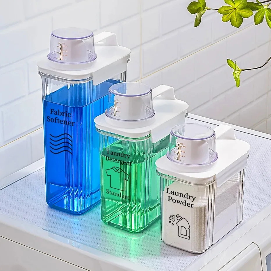 

1.5L-2.8L Clear Airtight Laundry Liquid Dispenser Detergent Powder Softener Dispense Tank with Measuring Cup Waterproof Labels