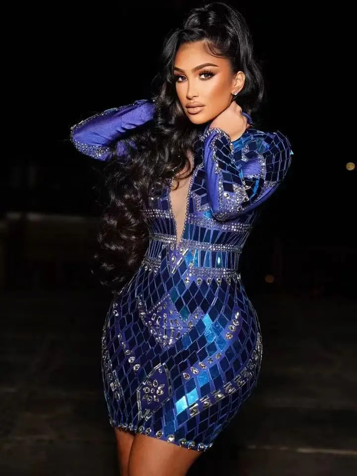 

Flashing Silver Sequin Short Mesh Dress Birthday Celebrate Spandex Blue Mirror Outfit Prom Party Bar Women Dancer Dress