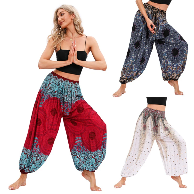 Boho Women Yoga Pants Hippie Harem Printed Dyeing High Waisted Wear