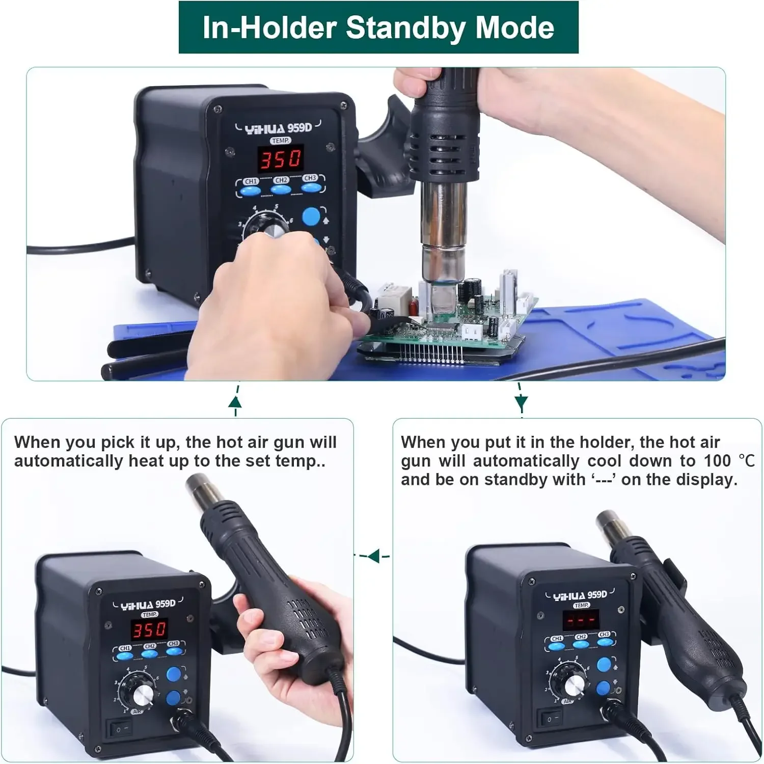 959D-Digital Hot Air Rework Station High Power with 3 Memories, Airflow Efficiency &deg;F /&deg;C Display Accurate Temp 212&deg;F~932&deg;F