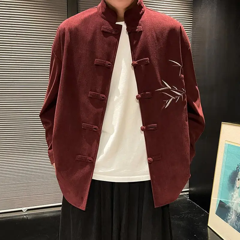 Chinese Style Stand Collar Hand Buttoned Bamboo Embroidered Long Sleeved Tang Suit Top Shirt Men's Autumn Casual Jacket