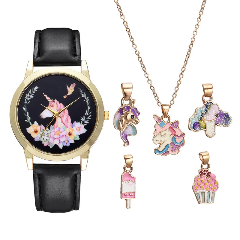 

2022 New Cartoon Necklace Watch Fashion Cartoon Watch Cute Kids Set Watches Children Girls Leather Quartz WristWatch Clock