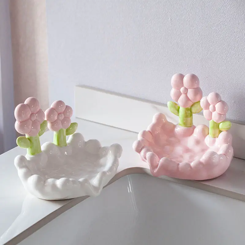 Ceramic Soap Dish Home Bathroom Creative Light Luxury High Beauty Cute Flower Soap Box No Punching Draining Water, Supplies, 1Pc