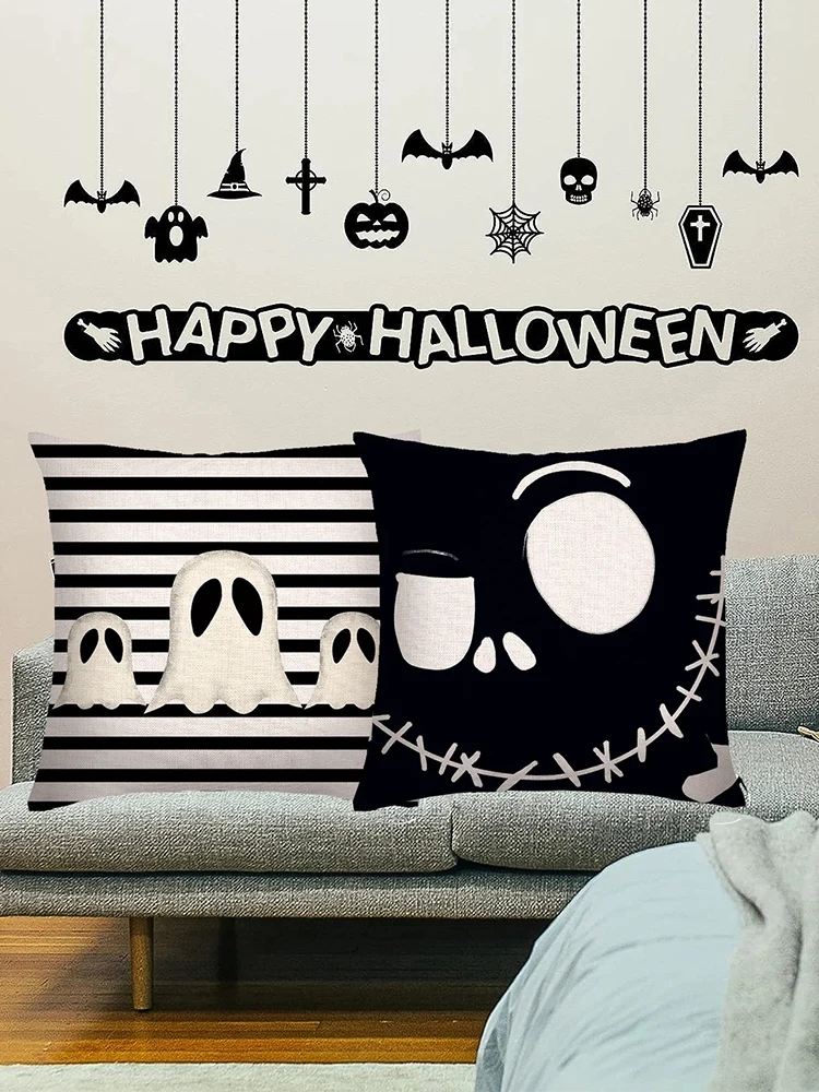 Description Picture 2 of item1pc Ghost face hollow skull Linen Square Throw Pillow Case，Decorative Cushion Cover Pillowcover，Halloween Decoration 18*18inch