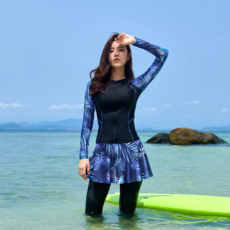 Women Long Sleeve Swimsuit Skirt 4-Piece Pants Rash Guards Sunscreen Sport Surfing Suit Snorkeling Diving Wetsuit