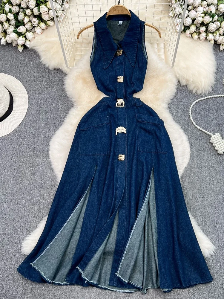 Wmstar Denim Dresses for Women Wholesale High Waist Slimming Sleeveless Single Breasted Vintage Casual Long Dress Dropshopping