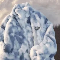 Women Tie Dye Fleece Jacket Coat 2025 Autumn Winter Girl Zipper Outerwear Warm Plush Jackets Harajuku Loose Female Blue Coat