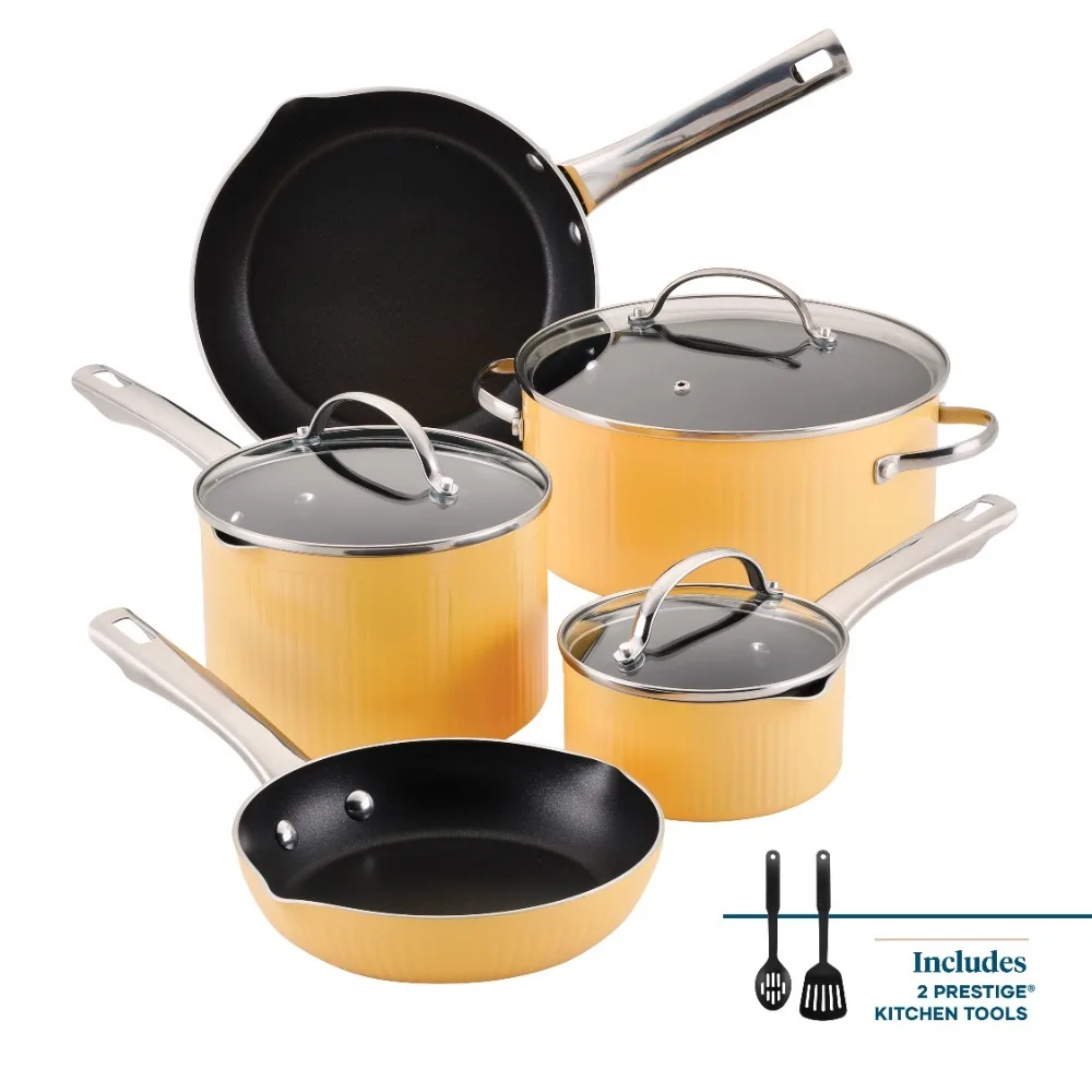 

Multiple types of cookware, modern style 10 piece set of non stick and flat bottomed pots, yellow, pot set
