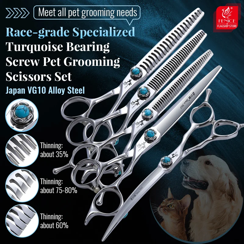 Fenice Race-grade Specialized VG10 Turquoise Bearing Screw Pet Haircut Grooming Scissors Straight/Curved/Thinner/Chunker Shears