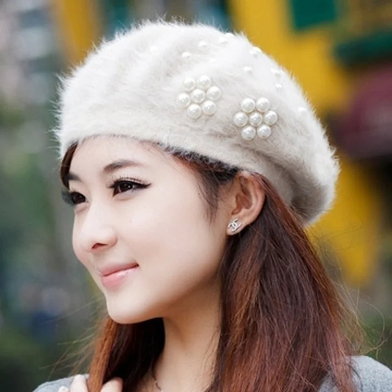 Women Pearl Hat Knitted Female Berets Winter Warm Women Hats Rabbit Fur