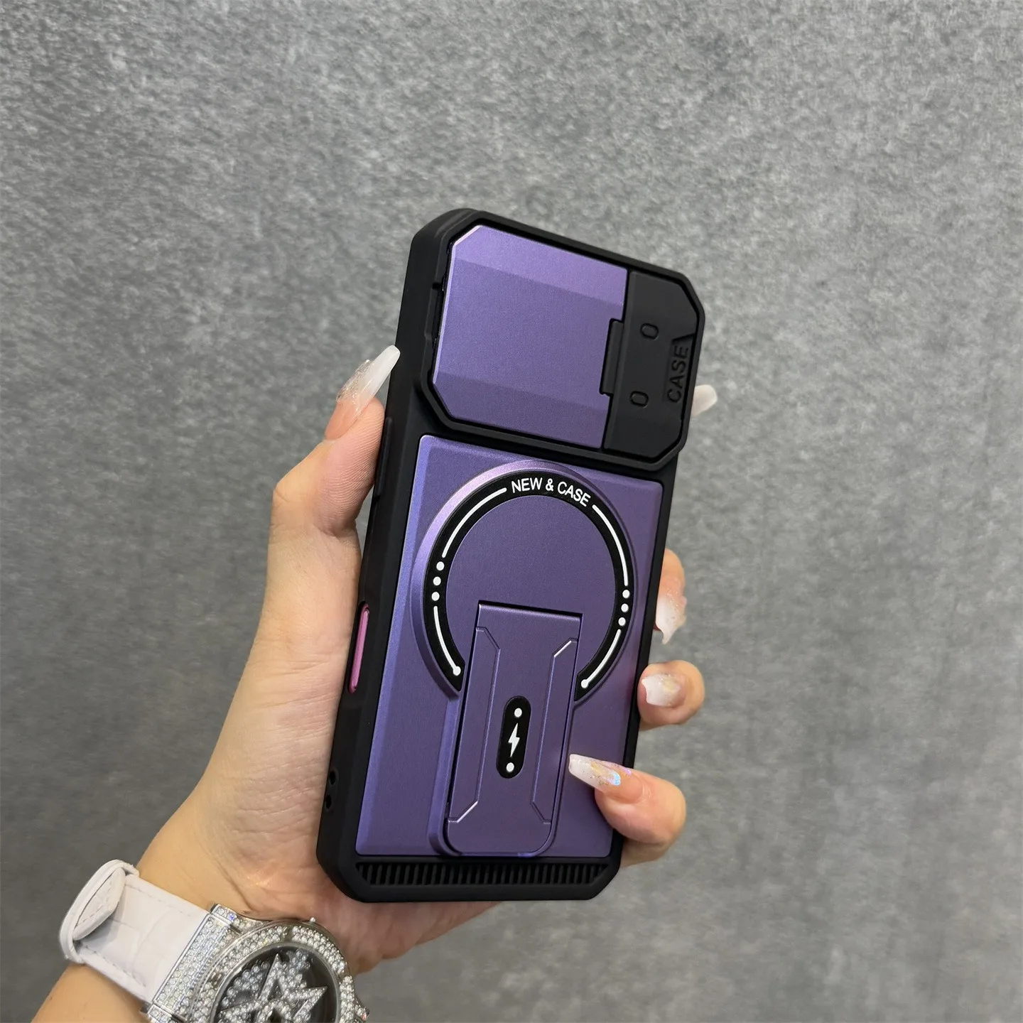 Magnetic Folding Bracket Armor Phone Case with Flip Lens Protective Stand Cover
