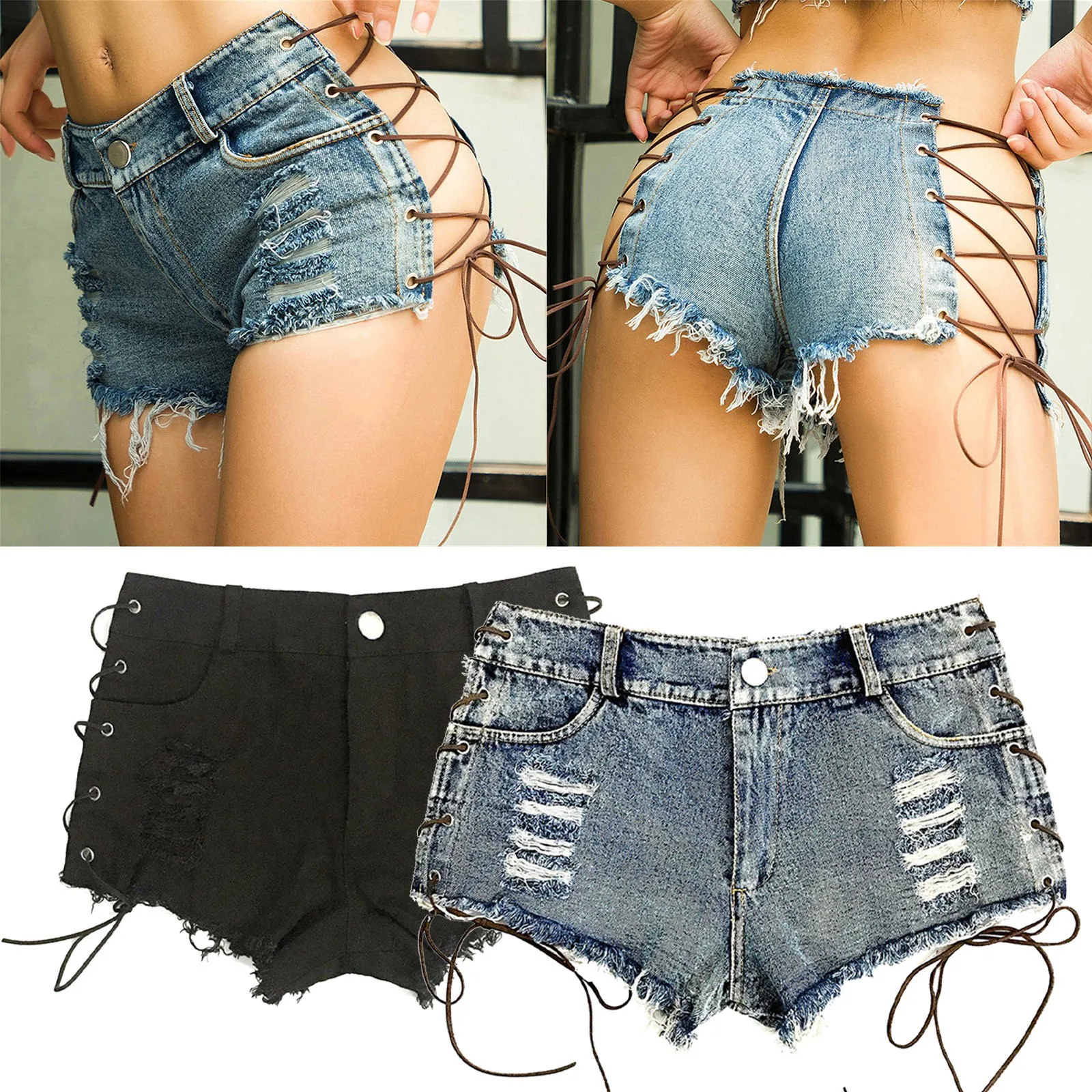 High Waist Slimming Lace-up Denim Shorts Women Summer Slim Fit Slim Fit Pants main image 1