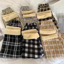 Gidyq Women Fashion Warm Plush Pants Casual Thick Plaid Loose Wide Leg Trousers Korean Streetwear Student Straight Pants New