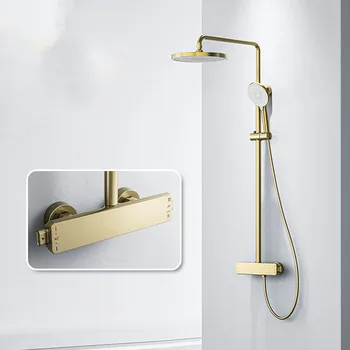 ชุดฝักบัวแบบเทอร์โมสแตติกติดผนัง ชุดฝักบัวแบบเรนชาวเวอร์ ทำจากทองเหลือง สีทองขัดเงา 1