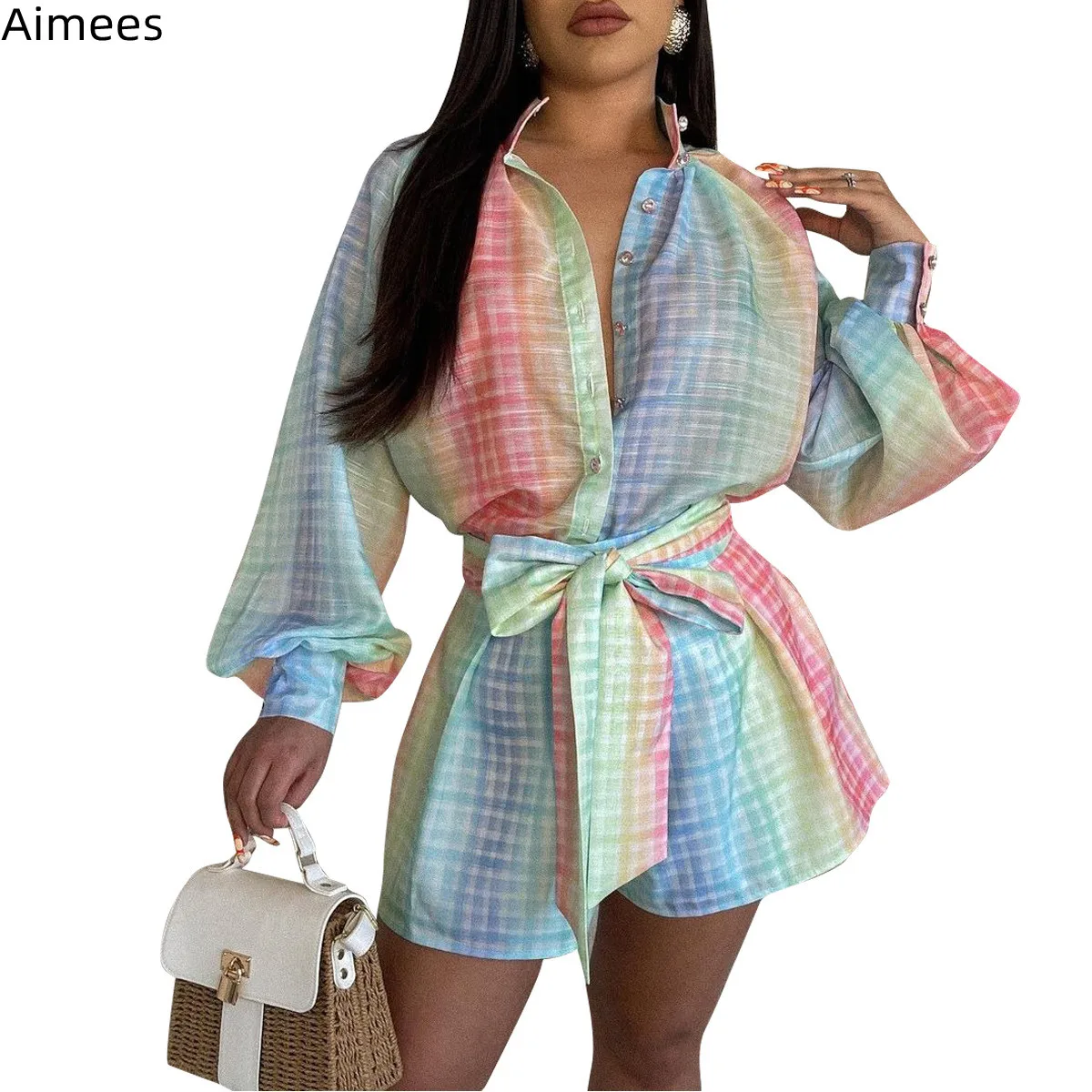 

Fashion Gradient Plaid Women Shirt Style Jumpsuit Summer Long Sleeves Sash Single-breasted Elegant Lady Shorts Bodysuit