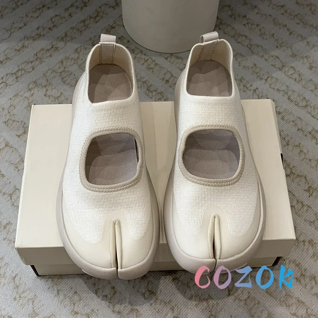 Fashion Pink Knitted Mesh Split Toe Flat Casual Shoes Summer Women Front Tripper Mary Jane Sweet Girl Outdoor Sneakers 5