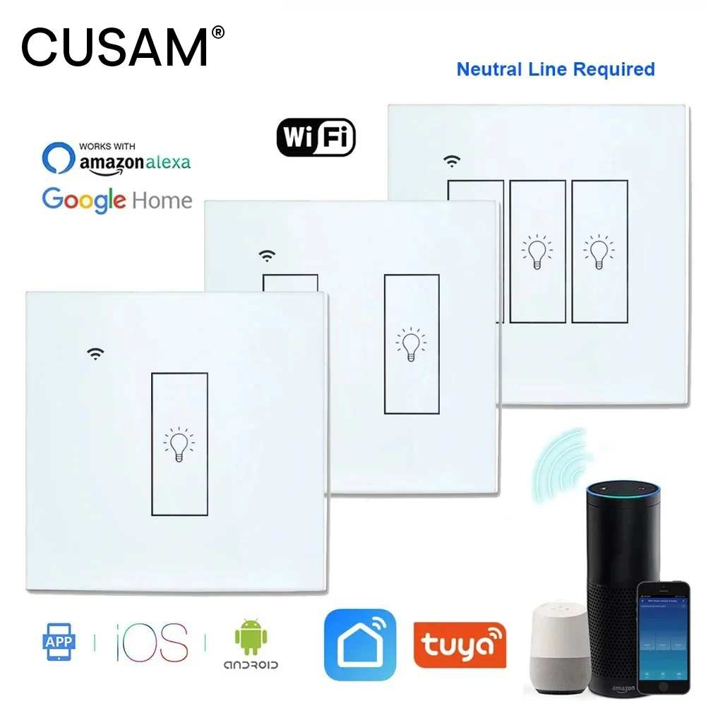 Умный Wi-Fi переключатель CUSAM Tuya, 10 А, 2500 Вт, ЕС стандарт, 1/2/3 кнопочный сенсорный переключатель, дистанционное управление через приложение, работает с Alexa Google Home