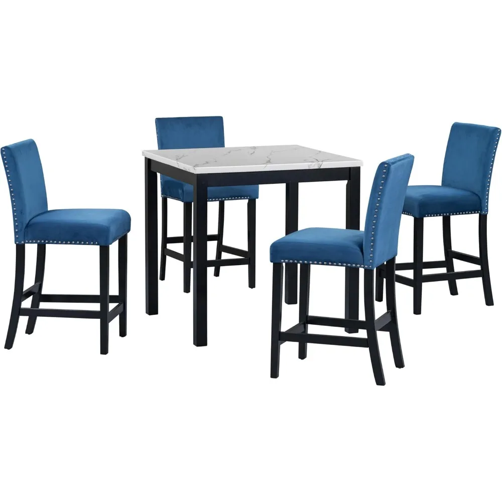 Description Picture 2 of itemDining Table Set with Faux Marble Dining Table and 4 Upholstered-Seat Chairs, 5 Piece Dining Room Table Set, Blue+Black
