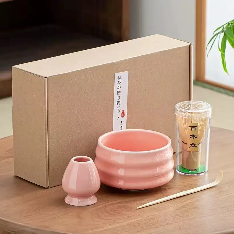 1/3/4/5pcs Japanese Ceramic Glossy Pink Matcha Bowl Macha Tea Whisk Chawan Chasen Holder Scoop Sifter Cup Ceremony Gift Set