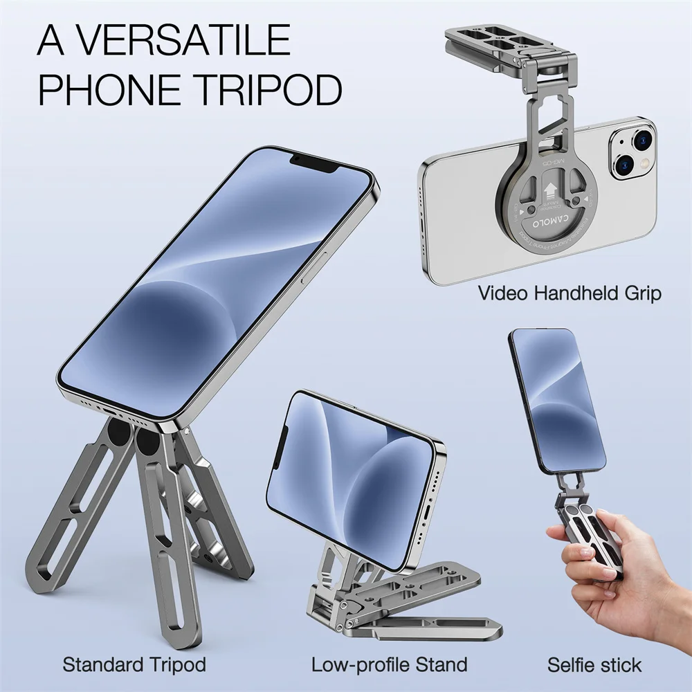 Aluminum Magnetic Selfie Stick phone tripod w Arca Plate 1/4-20 Cold Shoe Foldable Phone Tripod Mount for Magsafe Iphone 15 14 Samsung