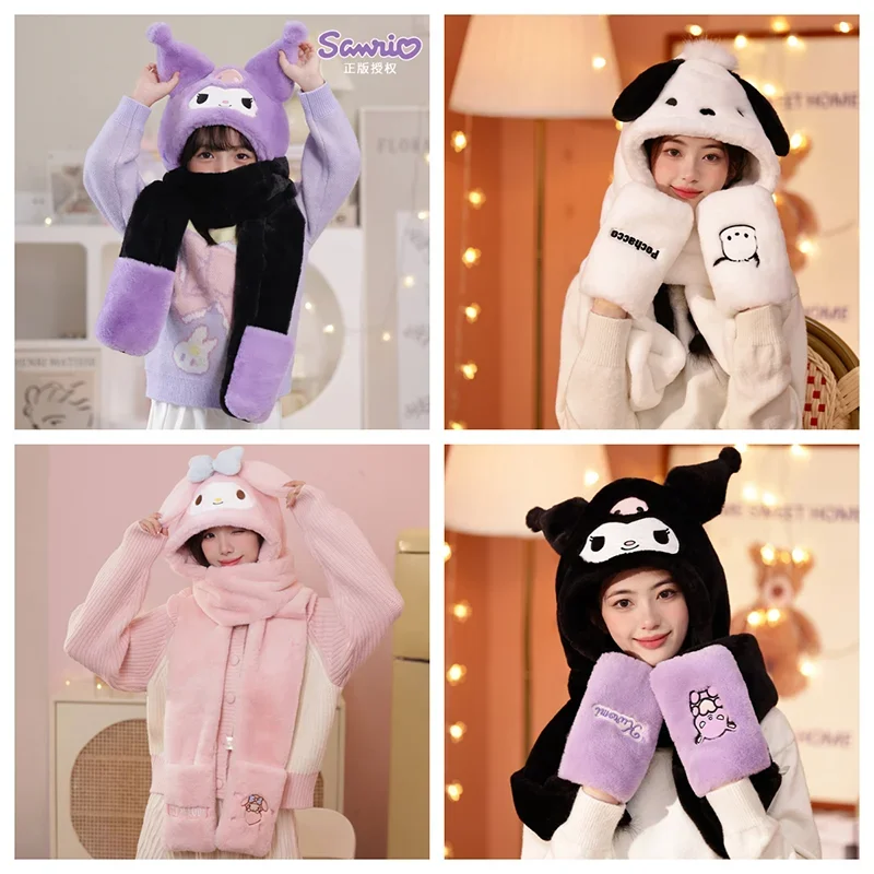 

Charms Kuromi One-piece Hat Gloves Pachacco Scarf My Melody Hat Three-piece Set For Winter Cycling Outdoor Warm Ins Neck Scarf