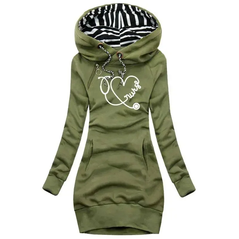 

Fashion Ladies Hoodies Dress Sweatshirt Spring Autumn Women Casual Thickened Print Long-sleeved Pocket Drawstring Mini Dress