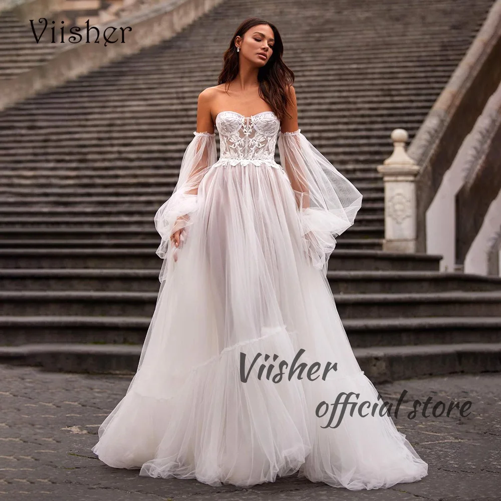 Viisher White Lace Tulle A Line Wedding Dresses Appliques Bone Corset Sweetheart Bride Dress Puff Sleeve Wedding Bridal Gowns