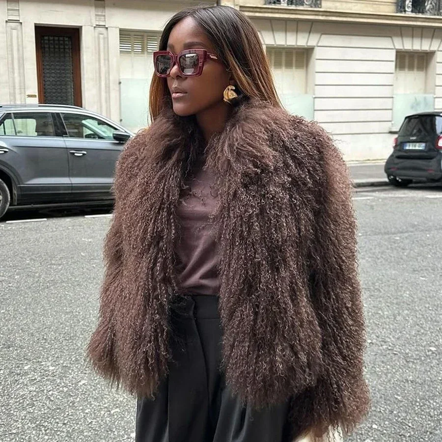 コート PLAIN FW25 TIBET FUR SHORT JACKET (CLA24102 GREY) Real Mongolian Fur Coats Women Tibetan Lamb Fur Short Jacket