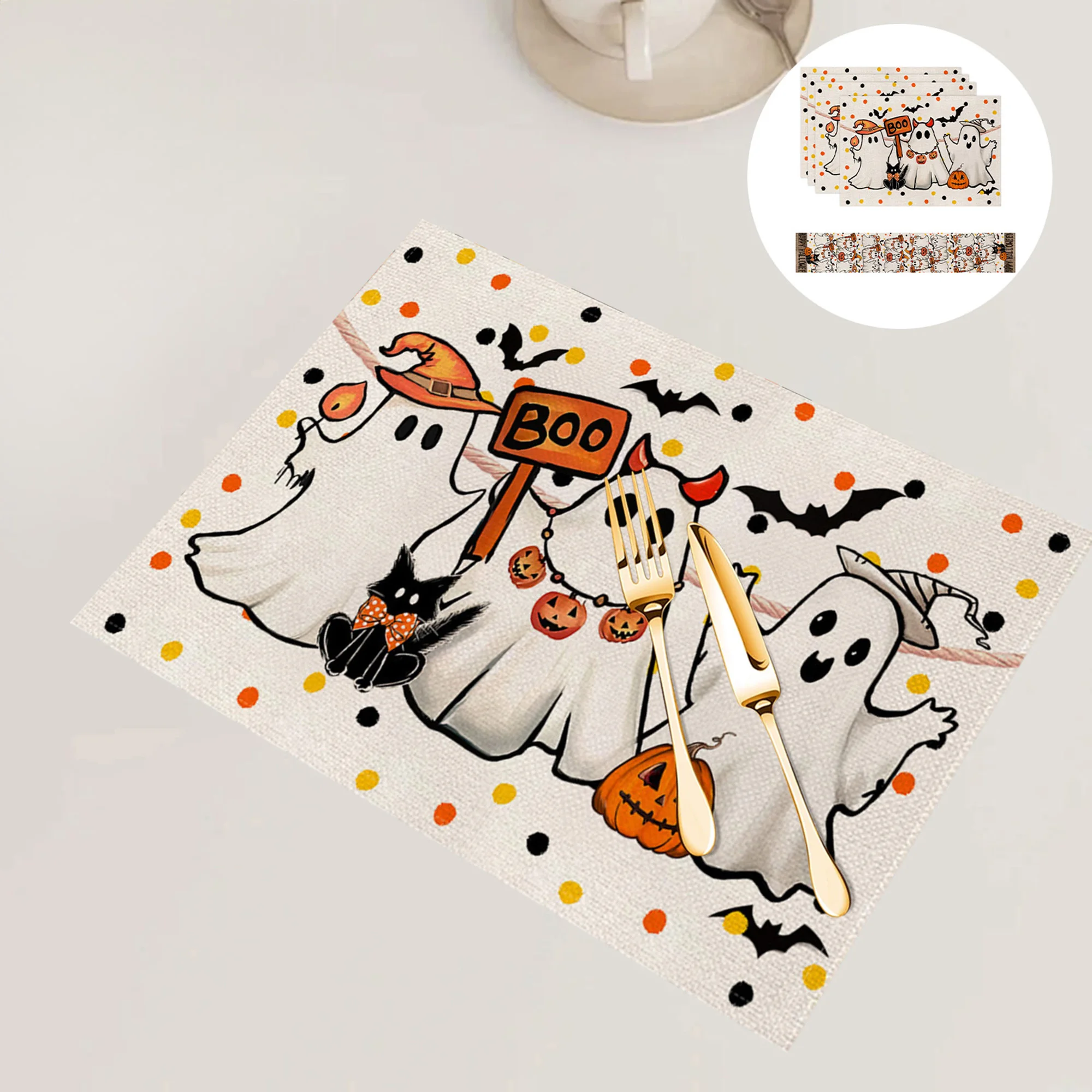 Spooky Halloween Haunted House Tablecloth Set with Witch Broom Skeleton Bat Placemats for Gothic Home Decor Party Supply