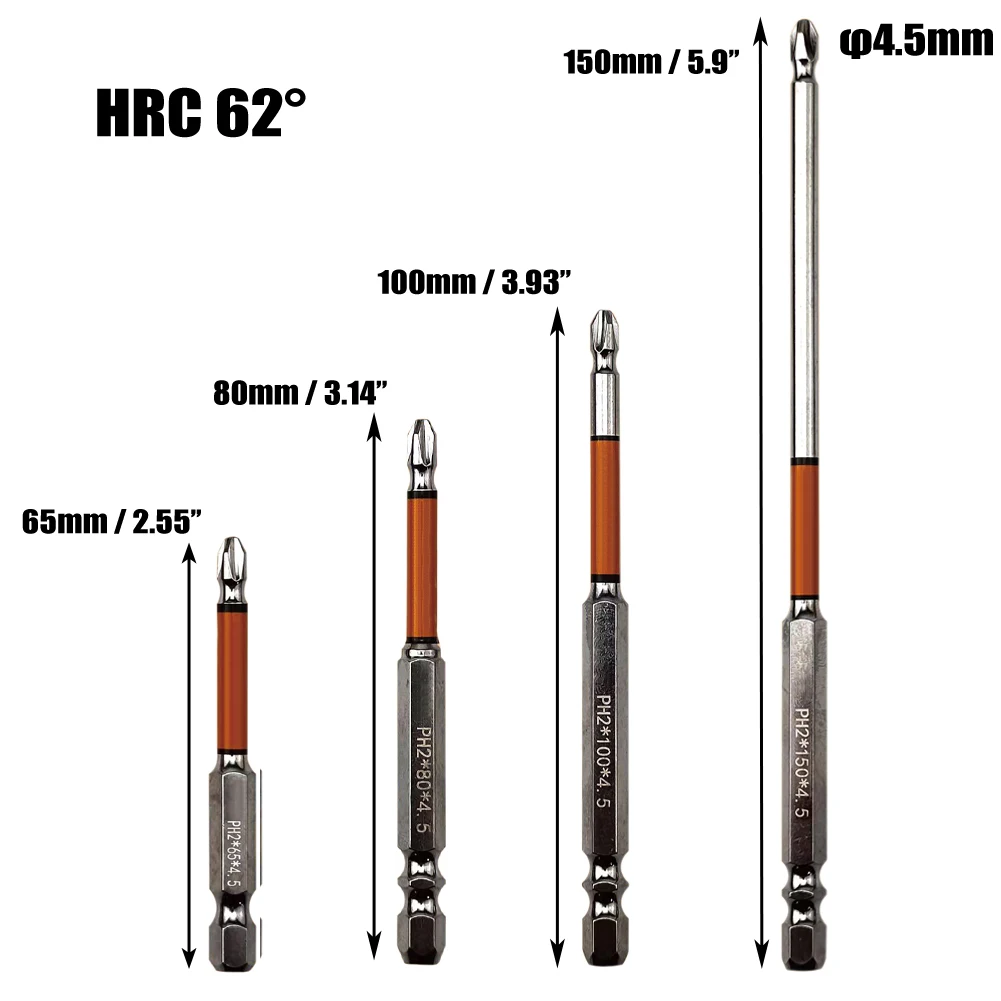 

Impact Drill Bit Screwdriver Bits 1/4''(6.35mm) Hex 100mm 2 X 80mm Alloy Steel HRC62° PH2 Electric Screwdrivers