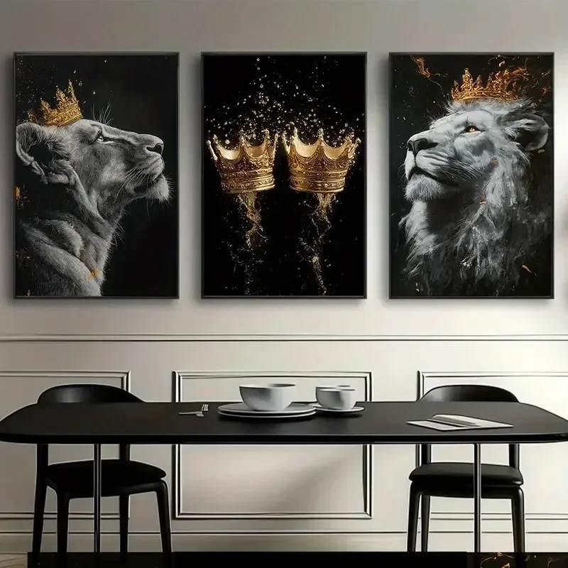 3pcs/set, Golden Crown and Lion Canvas Wall Art, Modern Animal Canvas Painting, for Living Room, Bedroom Home Decoration 1