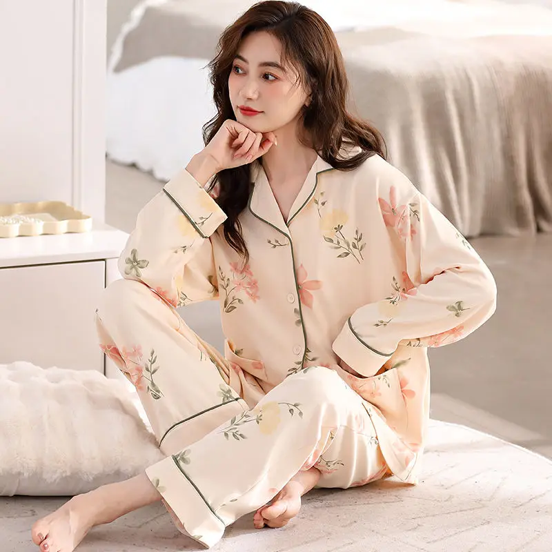Sleepwear Women Spring Autumn Cotton Pajama Sets Long Sleeve Pants Pyjamas Korean Lapel Printed High-end Loungewear Suit New