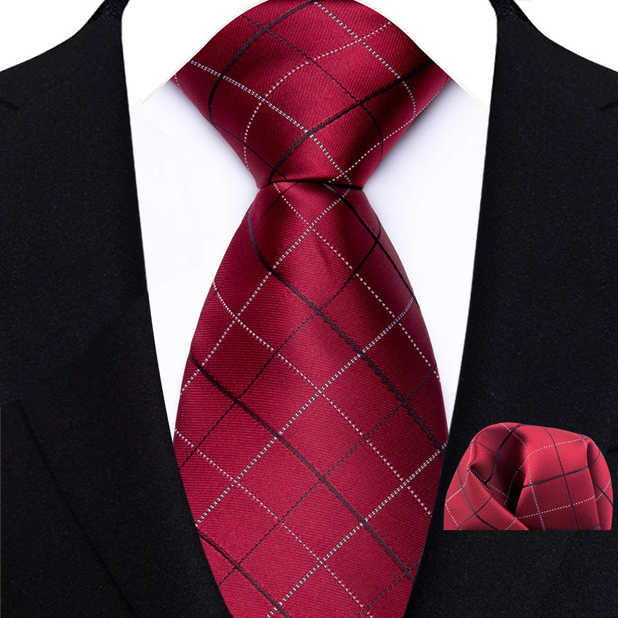 Luxus Herren Krawatte Set Jacquard Streifen Plaid Dot Krawatte Einstecktuch Set Dunkelrot für Männliche Männer Hochzeit Business Party Krawatten Geschenk – Detail 10
