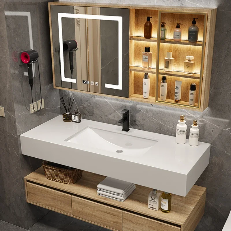Solid Wood Bathroom Cabinets Minimalist Rock Panel Integrated Bathroom Cabinets Washbasin Toilet Furniture YX50BC