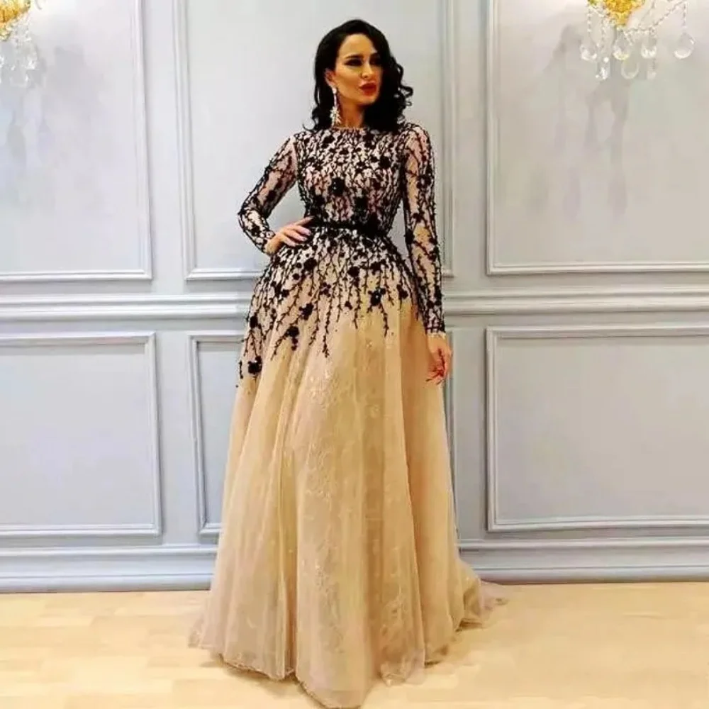 

Classic Contrast Prom Dress For Women Black Flowers Appliques and Champagne Lace Formal Evening Dresses New Wedding Party Dress