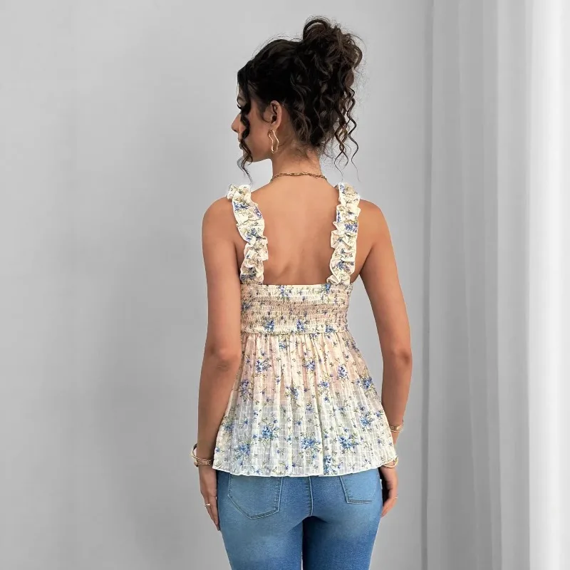 Maternity Clothing Spring and Summer New Printed Suspenders Maternity Top Square Collar A Word Maternity Vest Pregnancy Shirt - 2