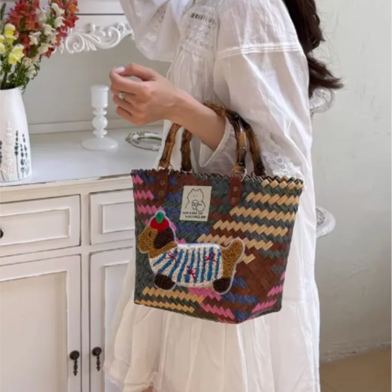 JIAERDI Retro Cute Dachshund Tote Bag Women Cartoon Embroidered Dog Fun Handbag Ladies Casual Large Capacity Woven Market Bag