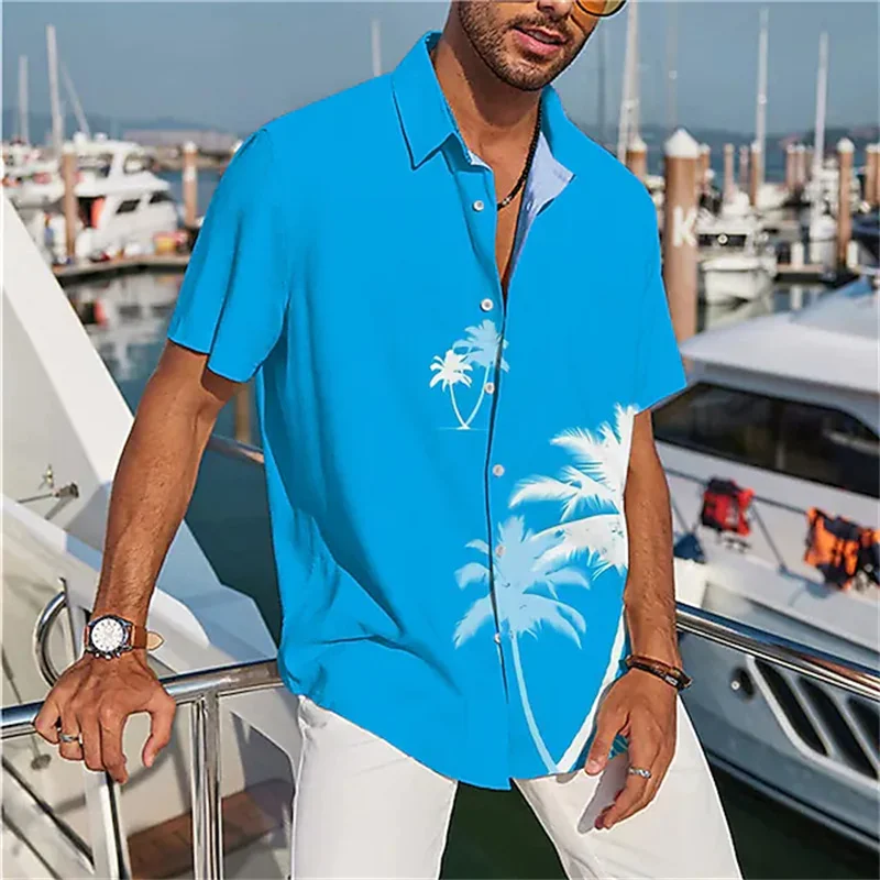

2023 men's shirt Hawaiian shirt coconut color graphic imprint blue men's beach short sleeve button shirt T blood S-5XL summer