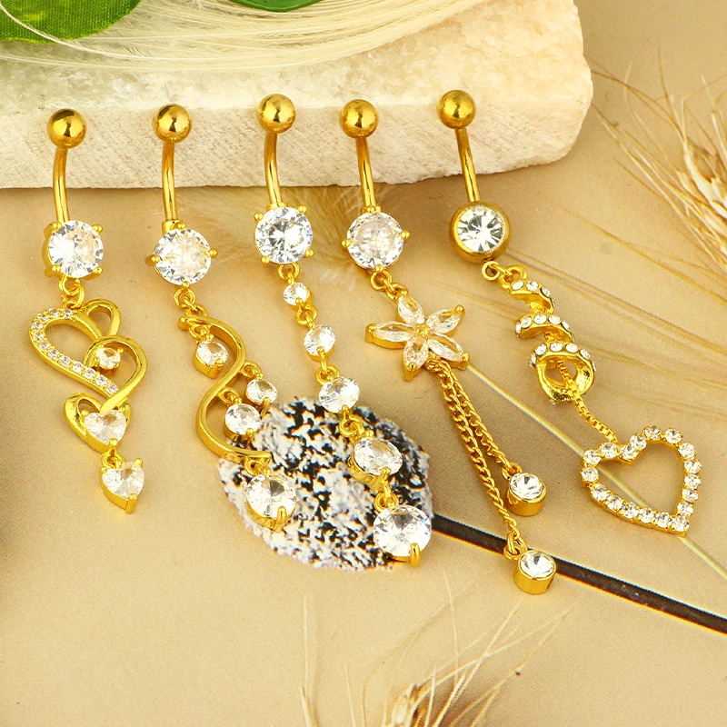 1pc Golden Belly Button Rings Pack Stainless Steel Long Dangling Navel Belly Piercing Jewelry For Women 14G Belly Bar Kit Stud