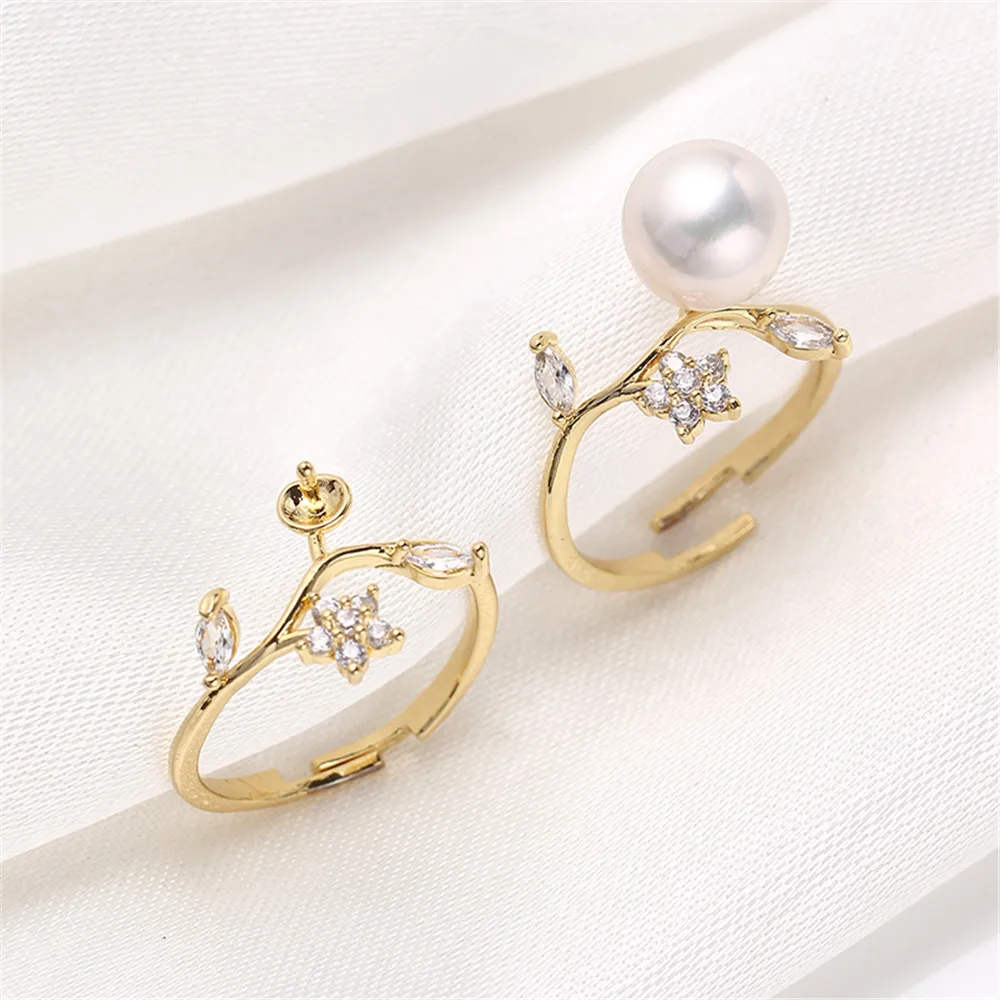 

Domestic 14k Gold Color Retaining Ring with Micro Inlaid Zircon Flower Pearl DIY Accessories Wholesale Fit 7-9mm