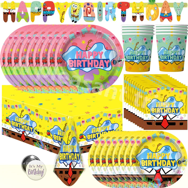 Мультяшные губки, украшения на день рождения, конфеты, сумки, шарики, подставки, скатерти, тарелка, Детские принадлежности для душа, бесплатная доставка