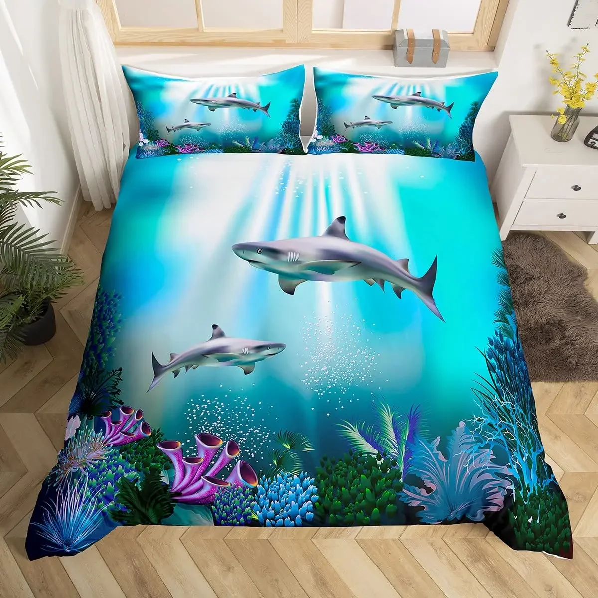 Whales King Queen Duvet Cover Ocean Animal Bedding Set Seaweed Starfish Marine Life Quilt Cover Blue Polyester Comforter Cover