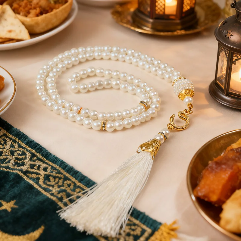 6mm 99pcs Glass Pearls Islamic Prayer Beads Bracelet with Tassel Muslim Party Home Decoration Eid Mubarak Ramadan Gifts Supplies