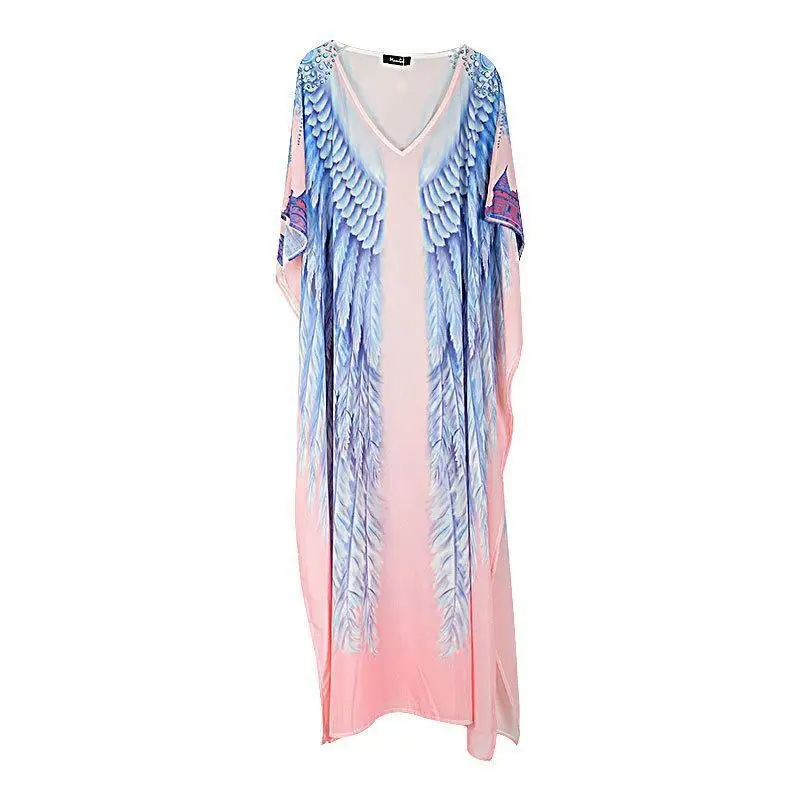 2023 Chiffon Wings Printing Beach Cover-up Loose plus Size Robe Holiday Sun Protection Shirt Long Dress