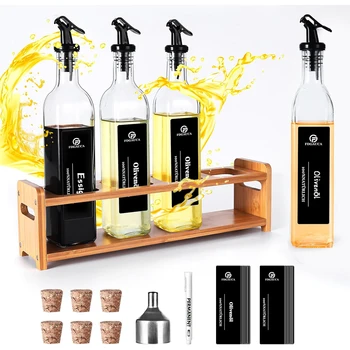 Set di bottiglie di aceto e olio SAEIV con ripiani in bambù, dispenser di olio 4X500 ml con versatore, dispenser di aceto di olio da cucina 1