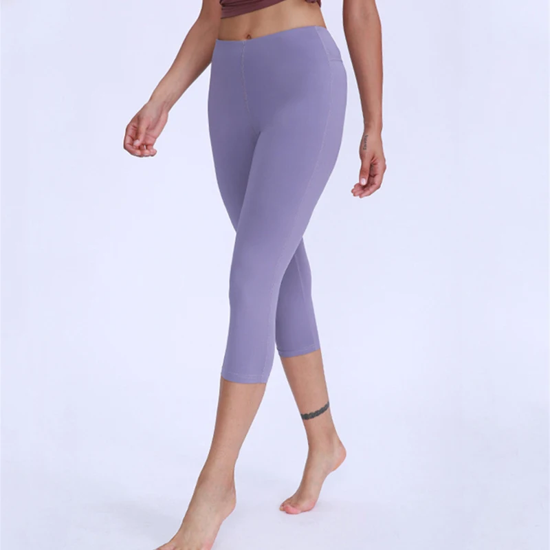 

Summer High Waist Solid Color Leggings Women Fitness Sports Cropped Sweatpants Stretch Hip-lifting Breathable Tights Trousers