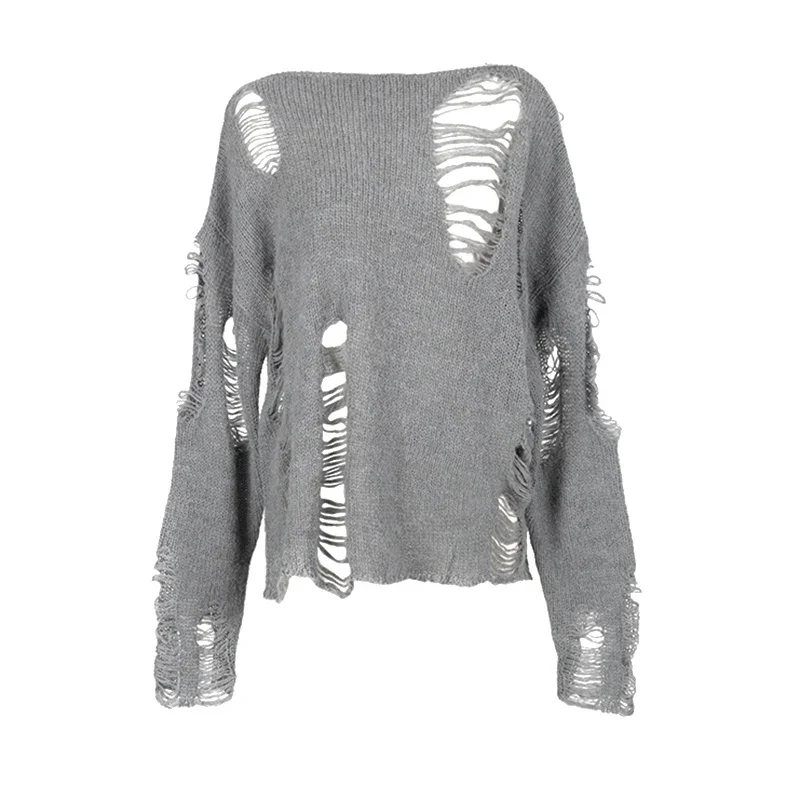 

Summer Ripped Knit Top Loose Drop Shoulder Long Sleeve Pullover Sweater