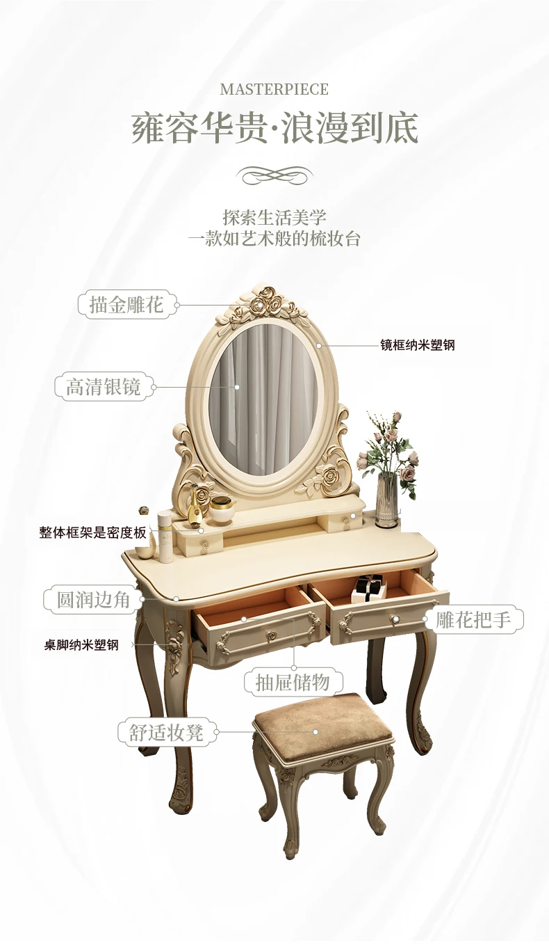 Description Picture 5 of itemNordic Luxury Vanity Tables Makeup Mirror Lights Vintage Vanity Tables Storage Cabinet Tavolo Trucco Bedrooms Furniture WZ50VT